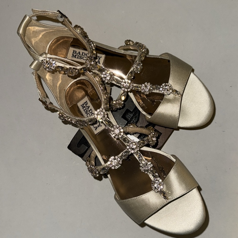 BADGLEY MISCHKA Ivory Satin Rhinestone Wedge